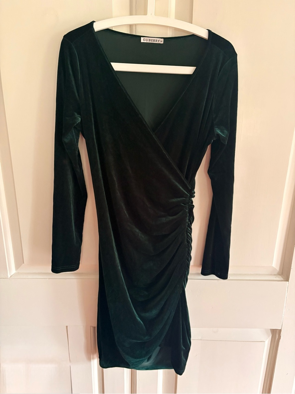 GUBERRY Velvet Dress Dark Emerald Green V-Neck Long Sleeve Ruched Bodycon Medium